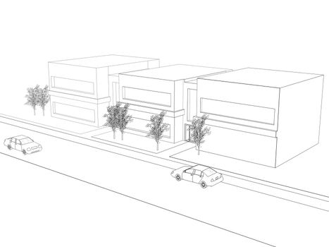 A 3d rendering of an office building with sidewalks, trees, and vehicles on the road