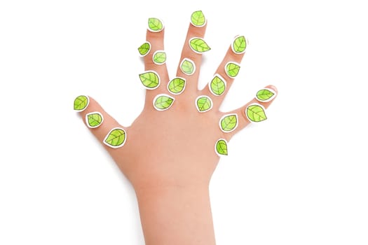 A small hand with green leaves