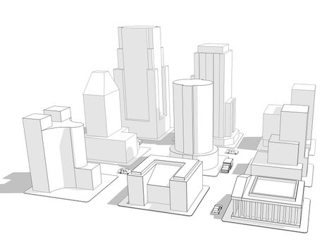 Wireframe rendering of nine city blocks with various building styles and a few vehicles