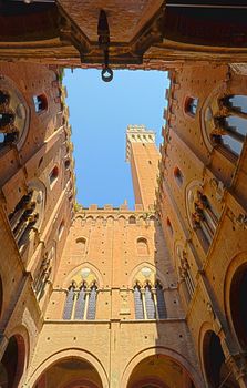 Looking Up In Courtyard Of Palazzo Pubblico To The Torre Del Mangia