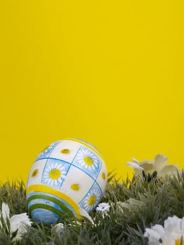 handpainted daisy design on easter egg, artificial grass and blossoms, yellow background