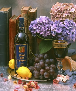 still life with a vine and books