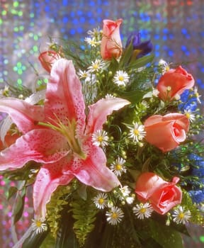 lily and red roses bunch