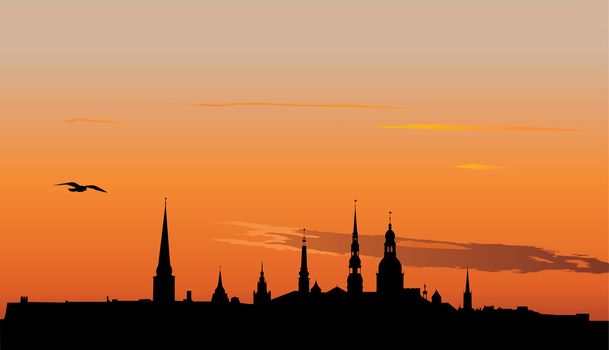 Illustration of Old Riga panorama silhouette in sunrise