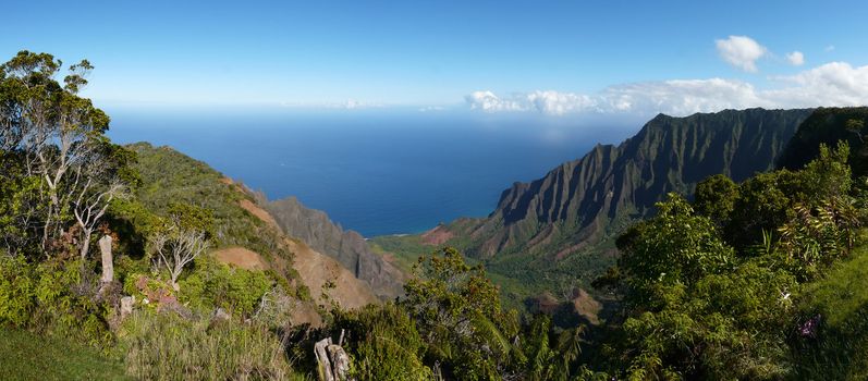 Wide angle view of the Kalalau Valley along the Na Pali Coast on the north shore of Kauai, Hawaii