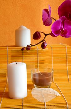 Candle, orchid pink flowers for spa therapy
