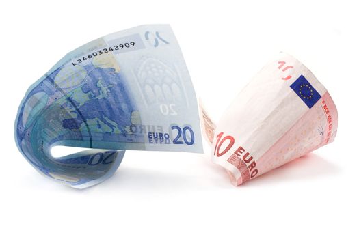 Bills euro rolled up insulated on white background