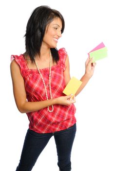 attractive hispanic woman posing on a white background