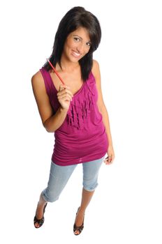 attractive hispanic woman posing on a white background