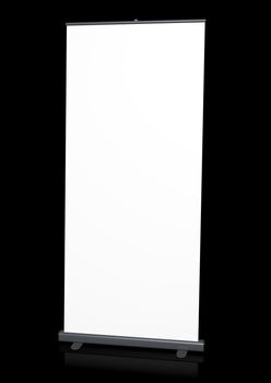 Blank roll-up banner on black. 3D rendered image.
