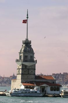 The Maiden's Tower eith turkish flag in Istanbul, Turkey