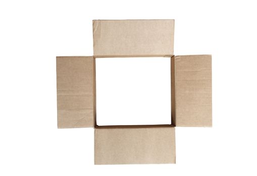 Open empty cardboard box without bottom. Isolated on white background with clipping path