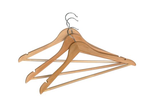 Three wooden coat hangers isolated on white background with clipping path