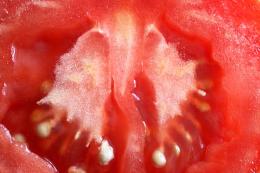 Sliced tomato extreme closeup red background