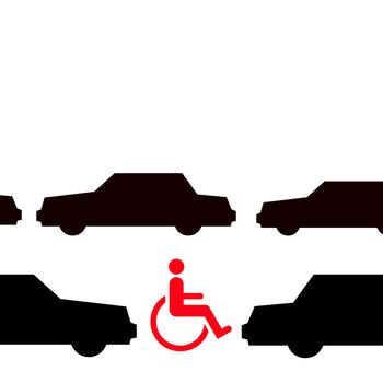 red wheelchair on road inbetween black cars