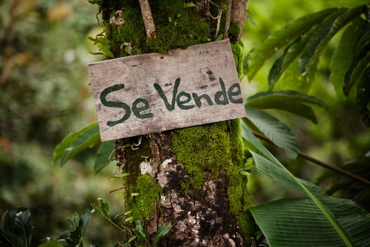 Wooden sign announcing real estate for sale in Costa Rica