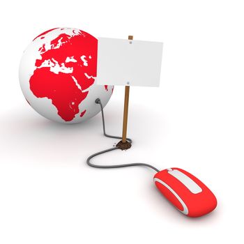 red computer mouse is connected to a red globe - surfing and browsing is blocked by a white rectangular sign that cuts the cable - empty template