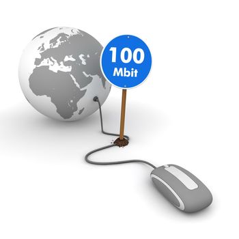 grey computer mouse is connected to a grey globe - surfing and browsing is accompanied by a blue sign with the word "100 Mbit"