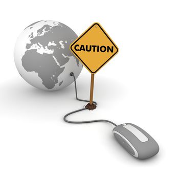 grey computer mouse is connected to a grey globe - surfing and browsing is blocked by a yellow "Caution"-warning sign that cuts the cable