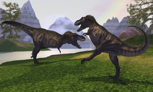 Two Tyrannosaurus Rex dinosaurs fight for the right of a territory.