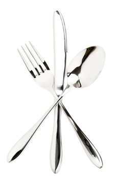 fork, spoon and a knife crossed on white background