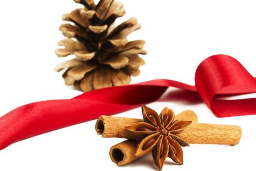 star anise, cinnamon sticks, conifer cone and a red ribbon on white background