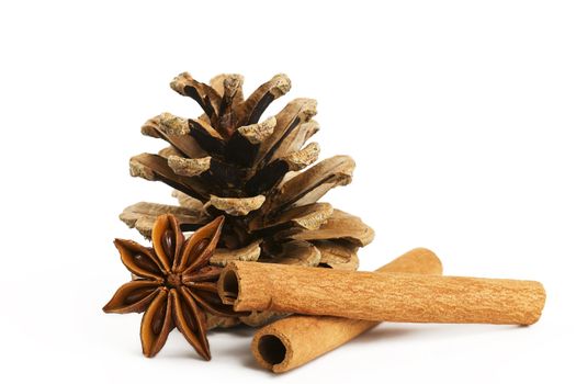 two cinnamon sticks one star anise and a conifer cone on white background