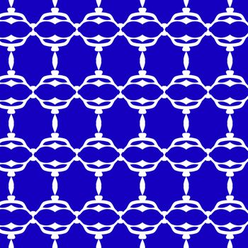 An abstract repeating tile pattern of white curves on a blue background. The pattern forms positive and negative space.