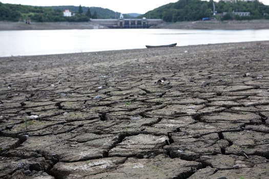 Dried and cracked soil near dam in Brno, Czech republic