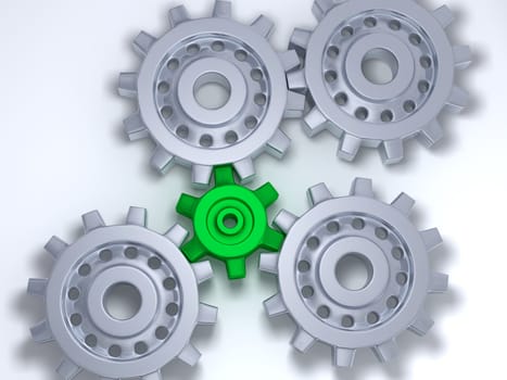 Four silver gears, with one in green in the middle