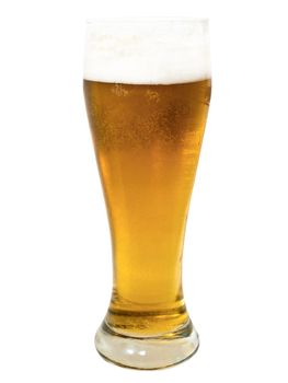 glass whith golden beer on the white surface