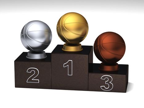 Basketball dark wood podium with trophies on a white floor