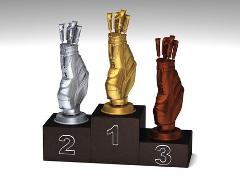Golf dark wood podium with trophies on a white floor