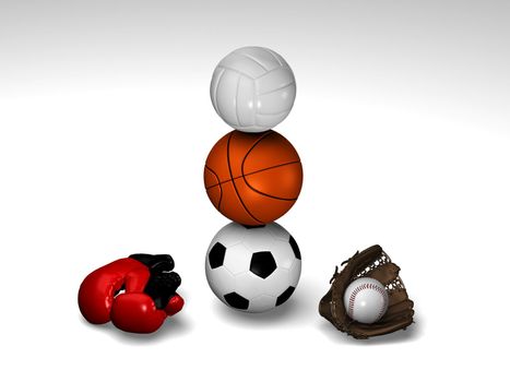 Soccerball, basketball and volleyball balanced with red boxing gloves and baseball glove with ball.