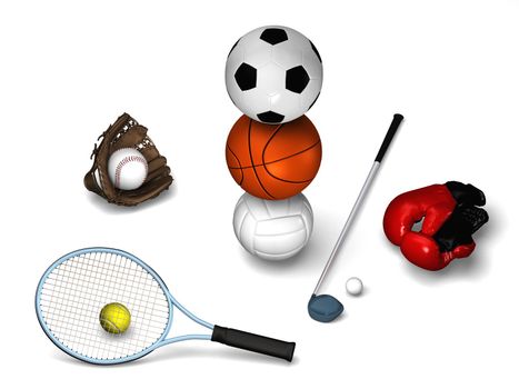 Tennis, golf, soccerball, basketball, volleyball with red boxing gloves, baseball glove with ball.