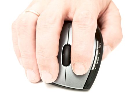 Man hand hold wireless optical laser mouse