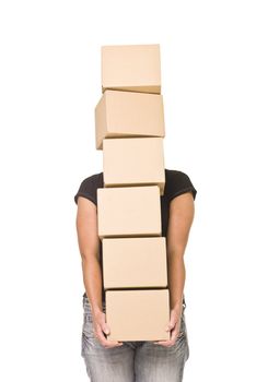 Woman carrying cardboard boxes isolated on white background