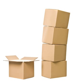 Stack of Cardboard boxes and one opened isolated on white background