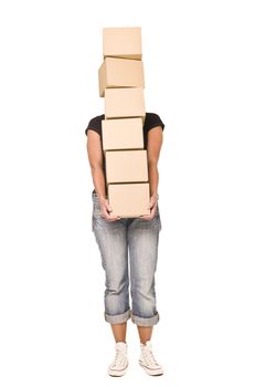 Woman carrying stack of Cardboard boxes isolated on white background