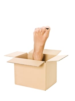 Human foot inside a cardboard box isolated on white background