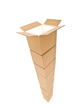 Tower of Cardboard boxes isolated on white background