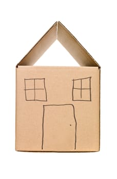 Cardboard box painted as a house isolated