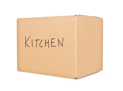 Closed Cardboard Box marked Kitchen isolated on white background
