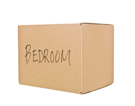 Closed Cardboard box marked bedroom isolated in white background