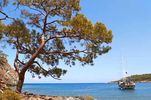 Sailing ship in mediterranian bay at a sunny day