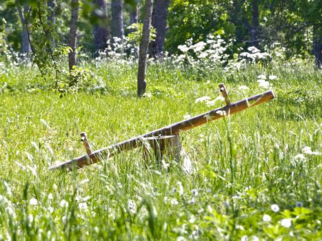 wooden seesaw in the forest among the green grass