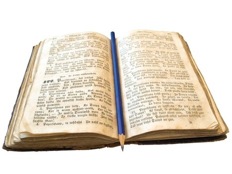 Isolated old open book with pencil against the white background 