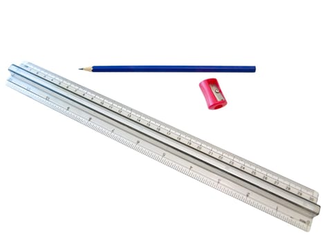 pencil, ruler and sharpener isolated against the white background 