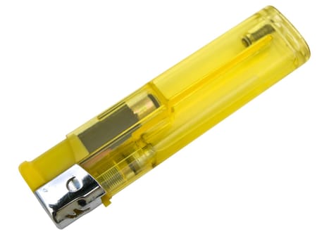 Isolated yellow plastic lighter against the white background 