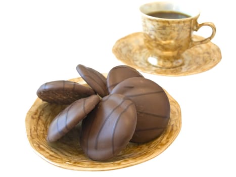 isolated coffee and biscuit against the white background 